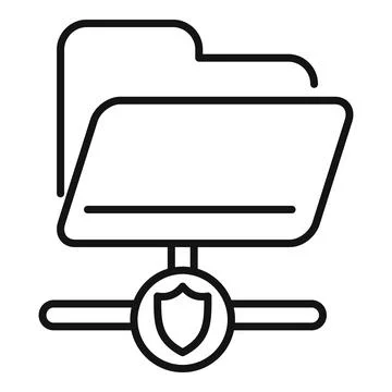 Simple line art icon featuring a folder on a network with a shield security Stock Illustration