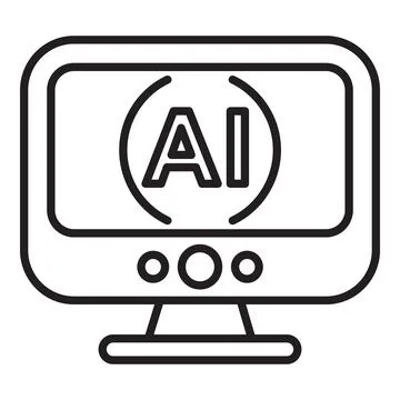 Simple line art icon representing artificial intelligence on a computer monit Stock Illustration