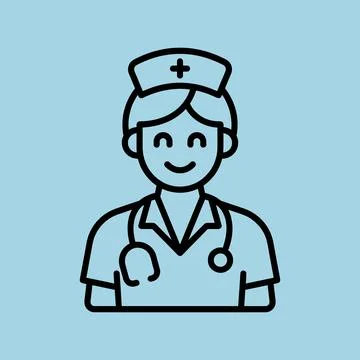 Simple line art icon of a smiling nurse wearing a cap with a cross and a st.. Stock Illustration