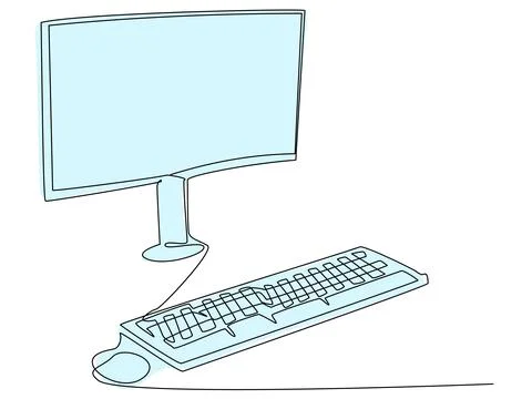 Simple Line Art Illustration of a Computer With Monitor and Keyboard 스톡 일러스트
