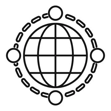 Simple line art illustration of a globe surrounded by connected circles Stock Illustration