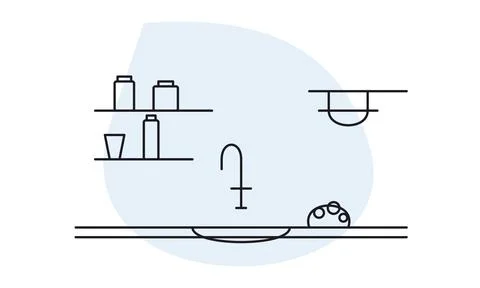 A simple line art illustration of a kitchen sink area with shelves and deco.. イラスト素材