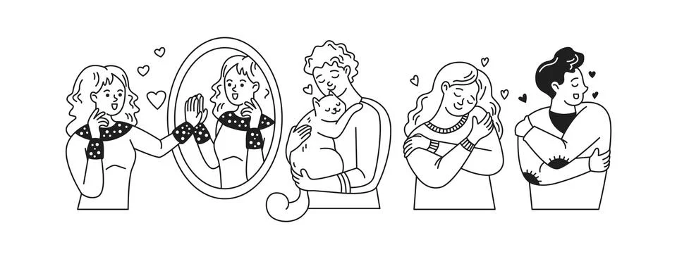 Simple Line Art Illustrations of Affection and SelfLove Stock Illustration