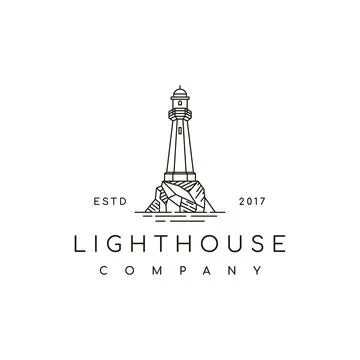Simple Line Art Lighthouse Searchlight Beacon Tower Island Beach Coast logo d Stock Illustration