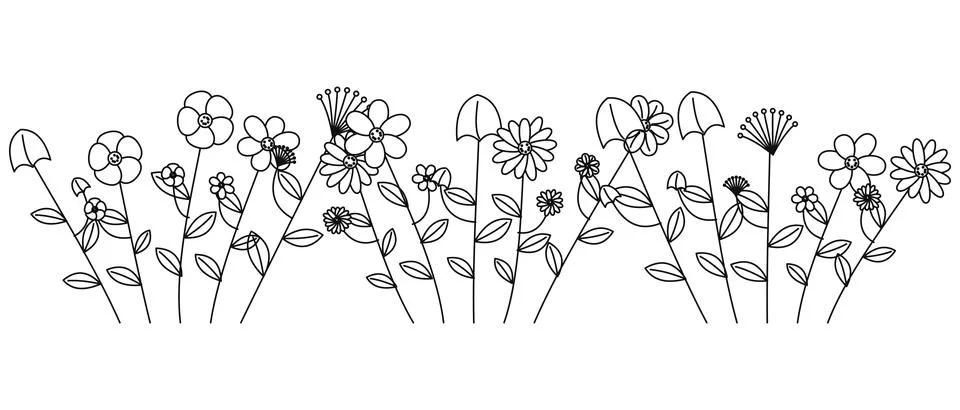 Simple line art meadow with various flowers and a tiny umbrella for garden .. Stock Illustration