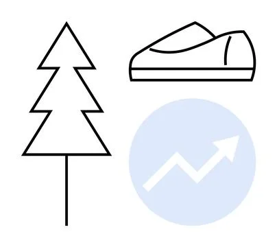Simple Line Art of Pine Tree, Casual Shoes, and Upward Arrow in Blue Circle Stock Illustration