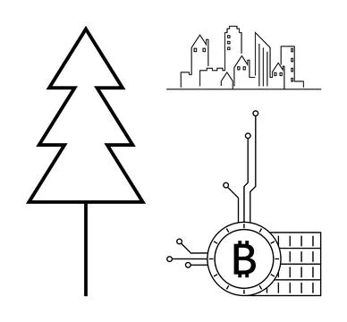 Simple line art shows a pine tree, a city skyline, and a Bitcoin symbol with  Illustrazione stock