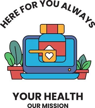 Simple line art shows a tablet with a medicine bottle on its screen Stock Illustration