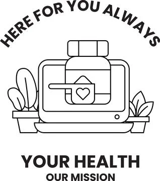 Simple line art shows a tablet with a medicine bottle on its screen Stock Illustration