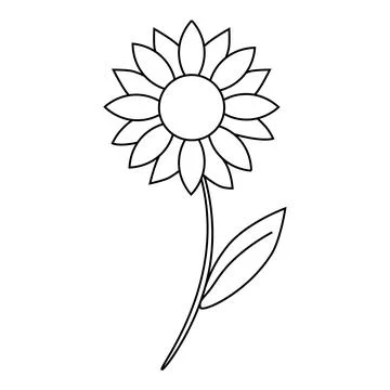 Simple line art sunflower with stem and leaf Stock Illustration