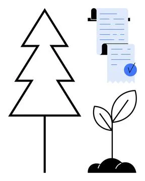 Simple line art of a tree, a document with a checkmark, and a sprouting plant Stock Illustration