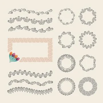 Simple Line Art Tulips Pattern Brushes Set Stock Illustration