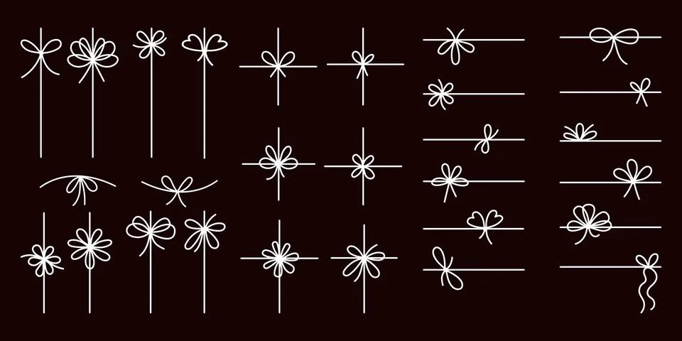 Simple line bow ribbon doodle set. Isolated white line on black background... Stock Illustration
