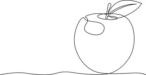 A simple line drawing of an apple with a leaf and stem on a flat surface Vect Stock-Illustration