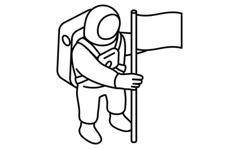 Simple line drawing in black and white of an astronaut pointing a flag to t.. Illustrazione stock