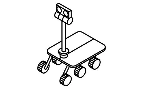 Simple line drawing in black and white of an unmanned spacecraft, isometric.. Illustrazione stock