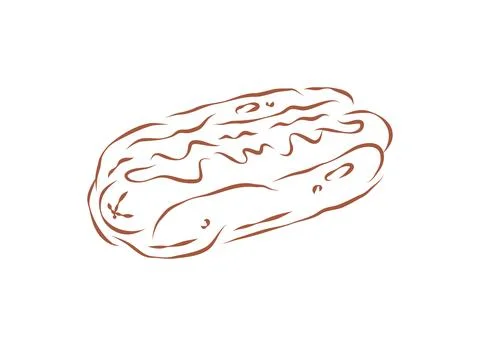 A simple line drawing of a classic American hot dog in a soft bun, topped wit Illustrazione stock
