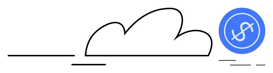 Simple line drawing of a cloud with a blue circle containing a dollar symbol. Illustrazione stock