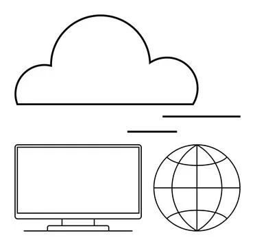 Simple Line Drawing of Cloud, Computer Monitor, and Globe Representing Tech.. Stock Illustration