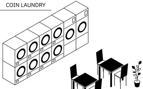 Simple line drawing coin laundry, isometric illustration Stock Illustration