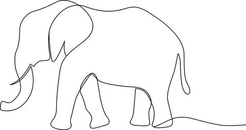 A simple line drawing of an elephant standing on all fours with a long tail.. Stock-Illustration