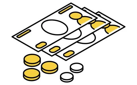 Simple line drawing of emergency kit, cash(banknotes and coins), isometric .. Stock Illustration