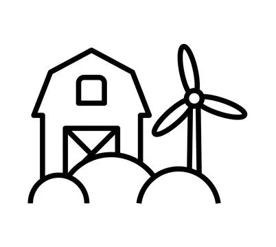 Simple Line Drawing of a Farm Scene with Windmill and Barn Structure Stock Illustration