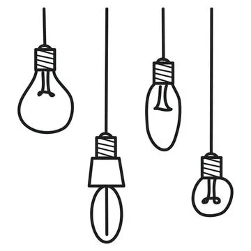 Simple line drawing of hanging light bulbs in a row Stock Illustration