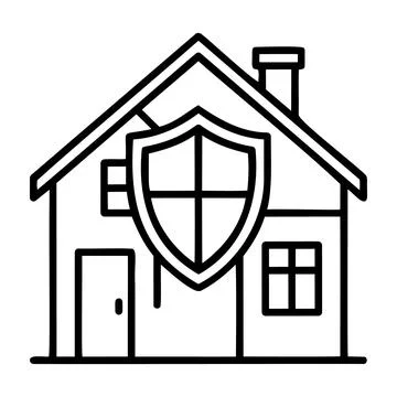 A simple line drawing of a house with a shield on the front vector Stock Illustration