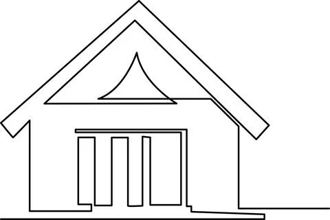 A simple line drawing of a house with a triangular roof and a porch. Vector Stock Illustration
