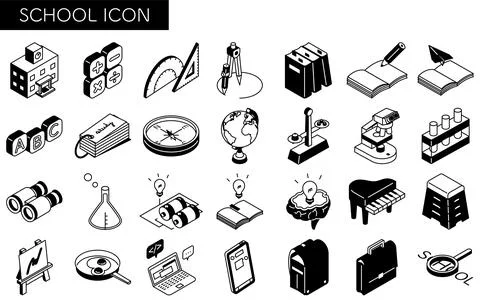 Simple line drawing icon set of school and study, isometric illustration Illustrazione stock