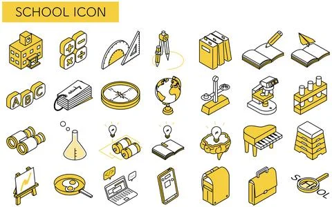 Simple line drawing icon set of school and study, isometric illustration Illustrazione stock