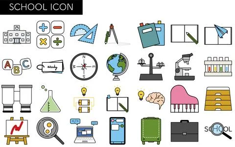 Simple line drawing icon set of school and study Stock Illustration