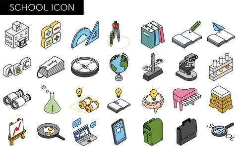 Simple line drawing icon set of school and study, isometric illustration Stock Illustration