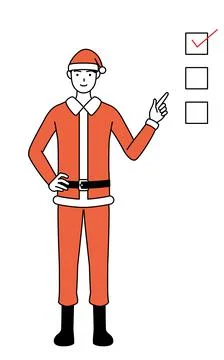 Simple line drawing illustration of a man dressed as Santa Claus pointing to  Stock Illustration