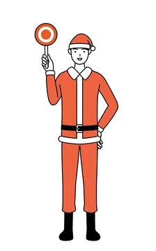 Simple line drawing illustration of a man dressed as Santa Claus holding a ma Stock Illustration