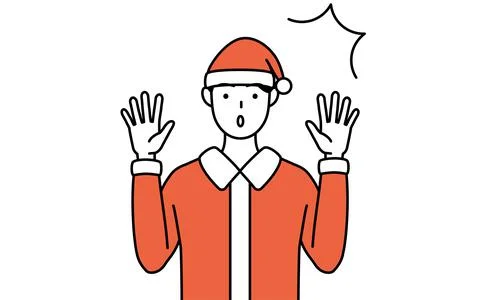 Simple line drawing illustration of a man dressed as Santa Claus raising his  Illustrazione stock