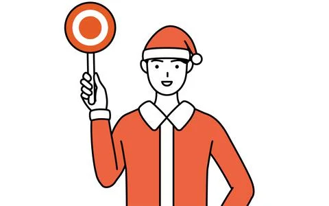 Simple line drawing illustration of a man dressed as Santa Claus holding a ma Illustrazione stock