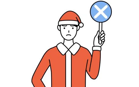 Simple line drawing illustration of a man dressed as Santa Claus holding a ba Stock Illustration