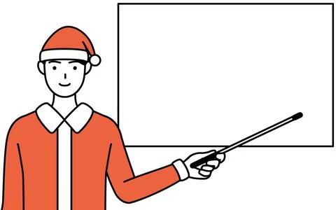 Simple line drawing illustration of a man dressed as Santa Claus pointing at  Stock Illustration