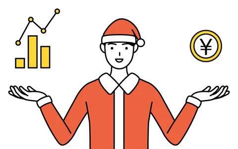 Simple line drawing illustration of a man dressed as Santa Claus guiding an i Stock Illustration