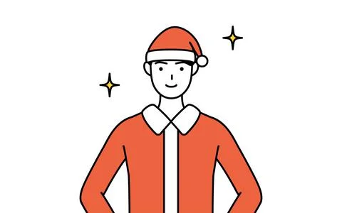 Simple line drawing illustration of a man dressed as Santa Claus with his han Illustrazione stock