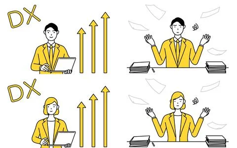 Simple line drawing illustration of a man and a woman in suits, before and .. Stock Illustration