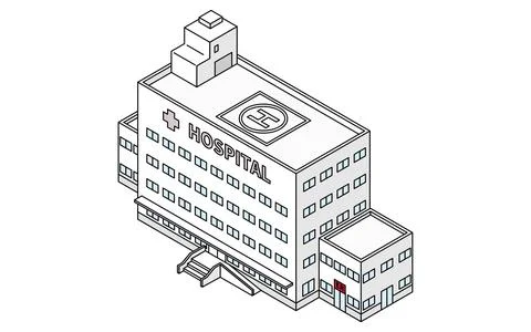 Simple line drawing isometric illustration of an emergency hospital with do.. Illustrazione stock