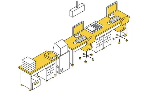 Simple line drawing isometric illustration of a reception counter lined wit.. Stock Illustration