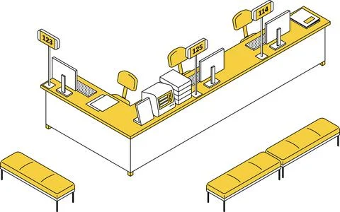 Simple line drawing isometric illustration of a reception counter and waiti.. Stock Illustration