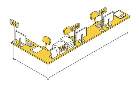 Simple line drawing isometric illustration of a reception counter with tick.. Stock Illustration
