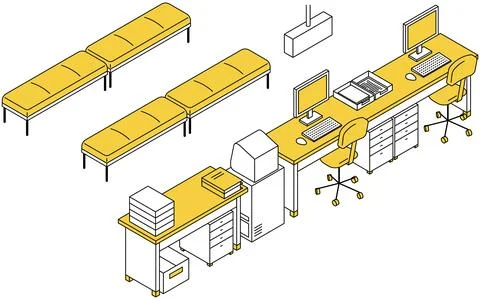 Simple line drawing isometric illustration of a reception counter lined wit.. Stock Illustration