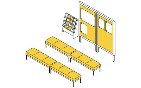 Simple line drawing isometric illustration of a waiting area with partition.. Stock Illustration