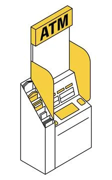 Simple line drawing isometric illustration of a convenience store ATM with .. Stock Illustration